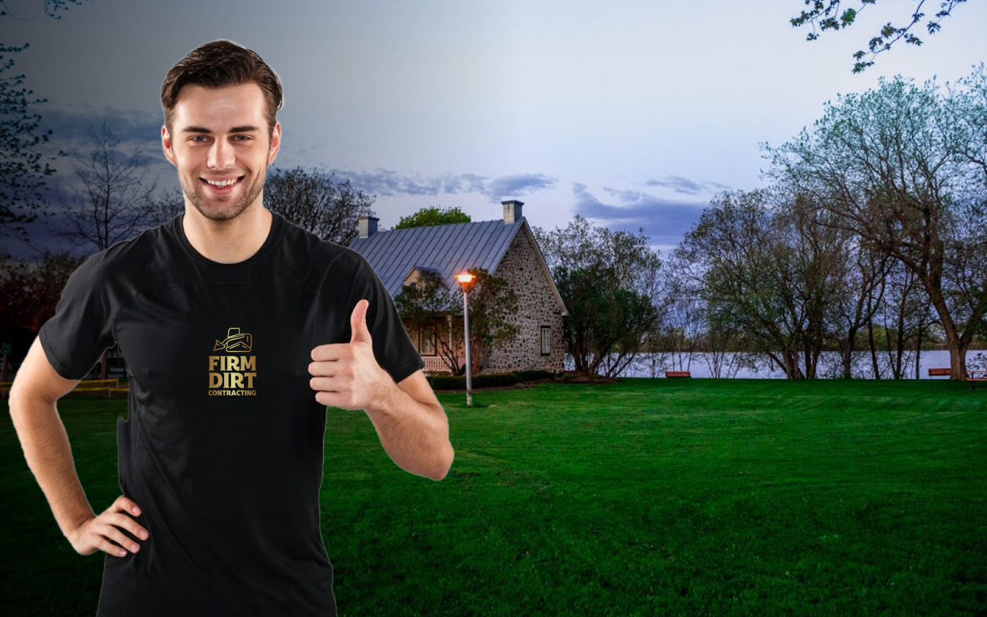 A man working for Firm Dirt Contracting, inviting people to Contact him to get great construction done on their property